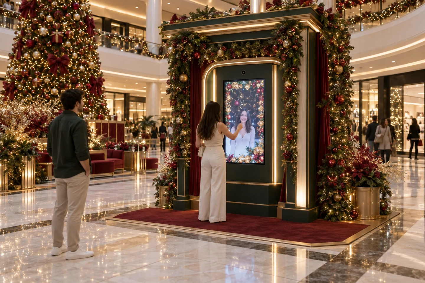 Simulação de um totem de fotos instalado em um shopping, envolvido por uma caixa cenográfica natalina
